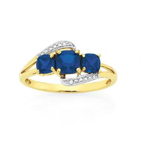 9ct-Gold-Created-Sapphire-Diamond-Trilogy-Swirl-Ring on sale