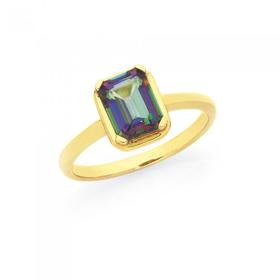 9ct-Gold-Coated-Topaz-Mystic-Fire-Emerald-Cut-Ring on sale