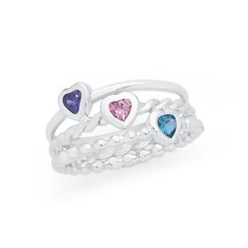 Silver-Purple-Pink-Blue-CZ-Heart-Ring-Set on sale