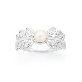 Silver+Freshwater+Pearl+and+Leaves+Ring