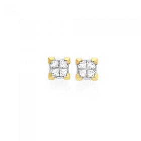 9ct+Gold+Diamond+Princess+Cut+Invisible+Set+Diamond+Stud+Earrings