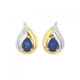 9ct+Gold+Created+Sapphire+%26amp%3B+Diamond+Stud+Pear+Double+Swirl+Stud+Earrings