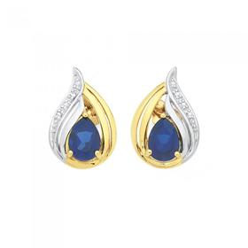 9ct-Gold-Created-Sapphire-Diamond-Stud-Pear-Double-Swirl-Stud-Earrings on sale