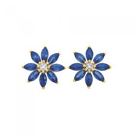 9ct+Gold+Created+Ceylon+Sapphire+%26amp%3B+Diamond+Flower+Stud+Earrings