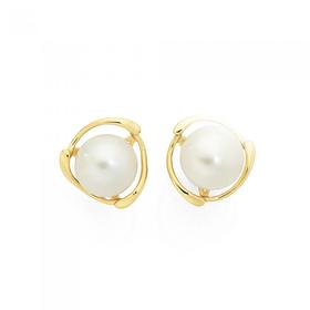 9ct+Gold+Cultured+Freshwater+Button+Pearl+Halo+Stud+Earrings