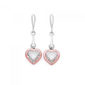 Silver-Rose-Gold-Plated-Facet-CZ-Heart-Drop-Earrings on sale