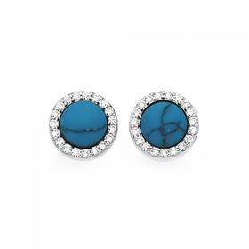 Silver+Reconstituted+Turquoise+CZ+Halo+Stud+Earrings