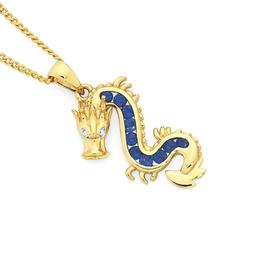 9ct+Gold+Created+Sapphire+%26amp%3B+Diamond+Dragon+Pendant