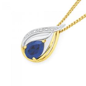 9ct+Gold+Created+Sapphire+%26amp%3B+Diamond+Pear+Double+Swirl+Pendant