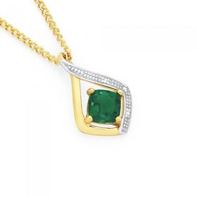 9ct-Gold-Created-Emerald-Diamond-Cushion-Cut-Swirl-Pendant on sale