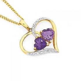 9ct-Gold-Amethyst-Diamond-Double-Heart-Open-Heart-Pendant on sale