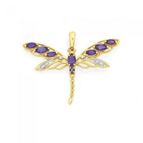 9ct-Gold-Amethyst-Diamond-Filigree-Dragonfly-Pendant on sale