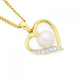 9ct+Gold+Cultured+Freshwater+Pearl+%26amp%3B+Diamond+Heart+Pendant