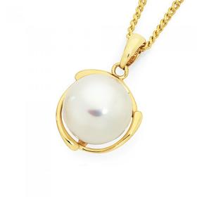 9ct+Gold+Cultured+Freshwater+Button+Pearl+Halo+Pendant