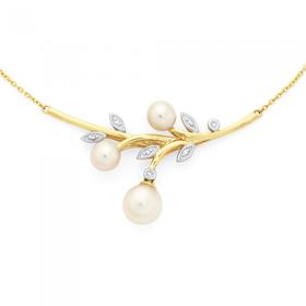 9ct-Gold-Cultured-Freshwater-Pearl-Diamond-Leaf-Necklet on sale