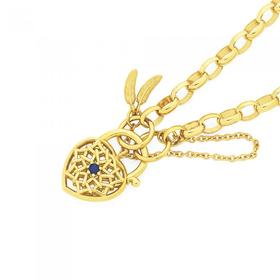 9ct+Gold+19cm+Belcher+Created+Sapphire+Padlock+Bracelet