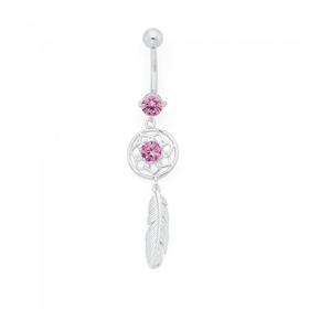 Silver+and+Steel+Pink+CZ+Dreamcatcher+Belly+Bar