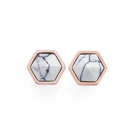 Steel+Rose+Plate+White+Marble+Hexagon+Stud+Earrings