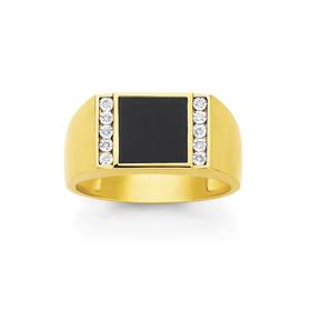 9ct+Gold+Black+Agate+%26amp%3B+Diamond+Square+Top+Gents+Ring