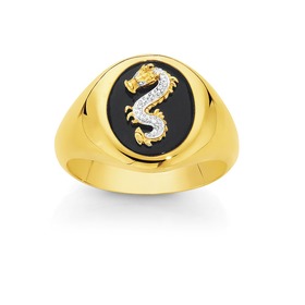 9ct-Gold-Oval-Diamond-Onyx-Dragon-Signet-Ring on sale
