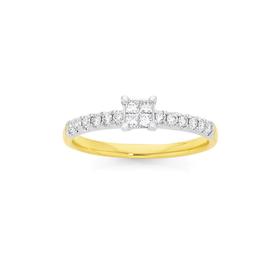 9ct+Gold+Diamond+Square+Shape+Shoulder+Set+Engagement+Ring