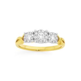 9ct+Gold+Diamond+Cluster+Trilogy+Ring