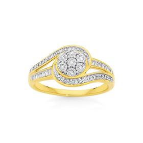 9ct+Gold+Diamond+Flower+Cluster+Swirl+Ring