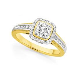 9ct+Gold+Diamond+Cushion+Shape+Cluster+Ring