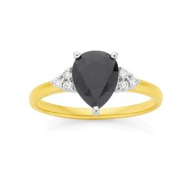 9ct-Gold-Black-Sapphire-10ct-Diamond-Pear-Shape-Ring on sale