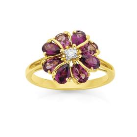 9ct+Gold+Rhodolite+Garnet+%26amp%3B+Diamond+Flower+Ring