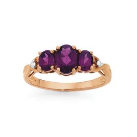 9ct+Rose+Gold+Rhodolite+Garnet+%26amp%3B+Diamond+Trilogy+Ring