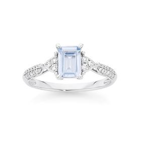 9ct+White+Gold+Aquamarine+%26amp%3B+Diamond+Emerald+Cut+Ring