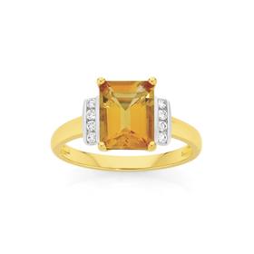 9ct+Gold+Citrine+%26+.10ct+Diamond+Emerald+Cut+Shoulder+Set+Ring