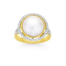 9ct+Gold+Mabe+Pearl+%26amp%3B+Diamond+Halo+Ring