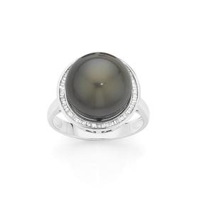 9ct+White+Gold+Cultured+Tahitian+Pearl+and+Diamond+Ring