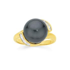 9ct+Gold+Cultured+Tahitian+Pearl+and+Diamond+Swirl+Ring