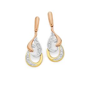 9ct+Gold+Tri+Tone+Diamond+Swirl+Stud+Drop+Earrings