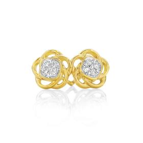 9ct+Gold+Diamond+Cluster+Flower+Stud+Earrings