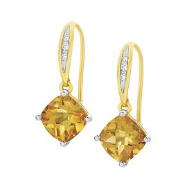 9ct+Gold+Citrine+and+Diamond+Cushion+Shape+Hook+Earrings