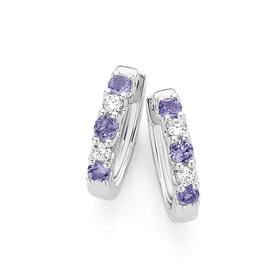 9ct+White+Gold+Tanzanite+%26amp%3B+Diamond+Huggie+Earrings