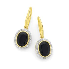 9ct-Gold-Onyx-Diamond-Oval-Bezel-Set-Frame-Hook-Earrings on sale