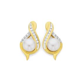 9ct+Gold+Cultured+Freshwater+Pearl+%26amp%3B+Diamond+Stud+Earrings