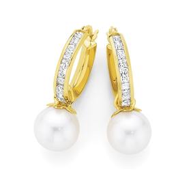 9ct+Gold+Cultured+Freshwater+Pearl+%26amp%3B+Cubic+Zirconia+Hoop+Earrings