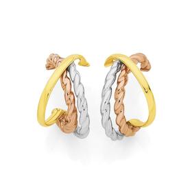 9ct+Gold+Tri+Tone+Twist+%26amp%3B+Plain+Crossover+Stud+Earrings