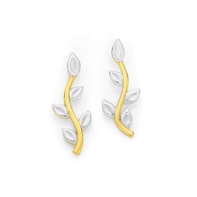 9ct+Gold+Two+Tone+Vine+Leaf+Stud+Earrings