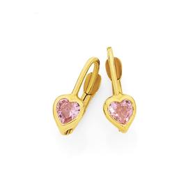 9ct+Gold+Pink+CZ+Heart+Huggie+Earrings