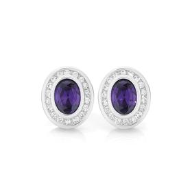 Silver+Violet+CZ+Oval+CZ+Border+Stud+Earrings