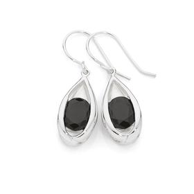 Silver+Large+Oval+Black+CZ+In+Open+Cage+Drop+Earrings