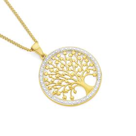 9ct+Gold+Diamond+Tree+of+Life+in+Circle+Pendant