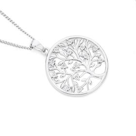 9ct+White+Gold+Diamond+Tree+of+Life+in+Circle+Pendant